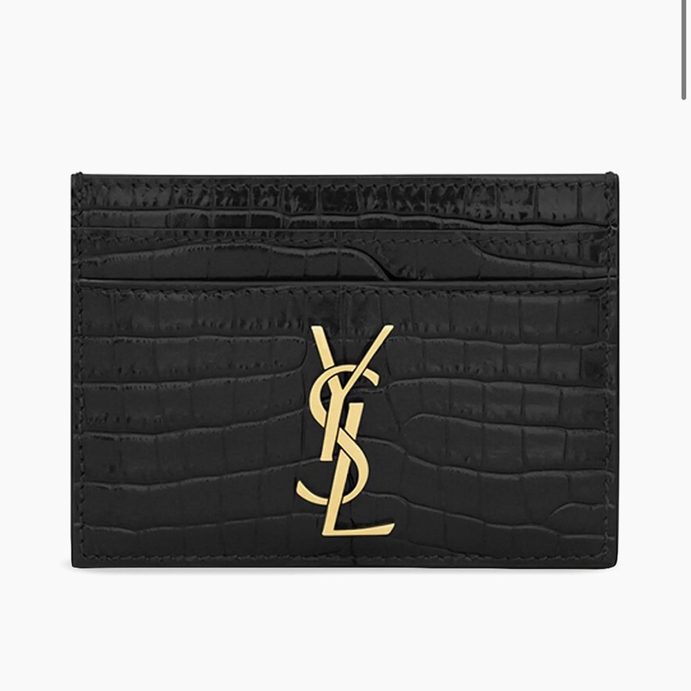 Saint Laurent Black Croc-Embossed Card Holder with Gold Logo NWT